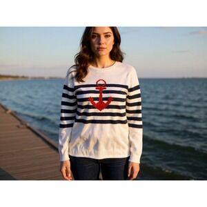 Madison Hudson XL Nautical Anchor Striped Knit Sweater Top White Blue Red